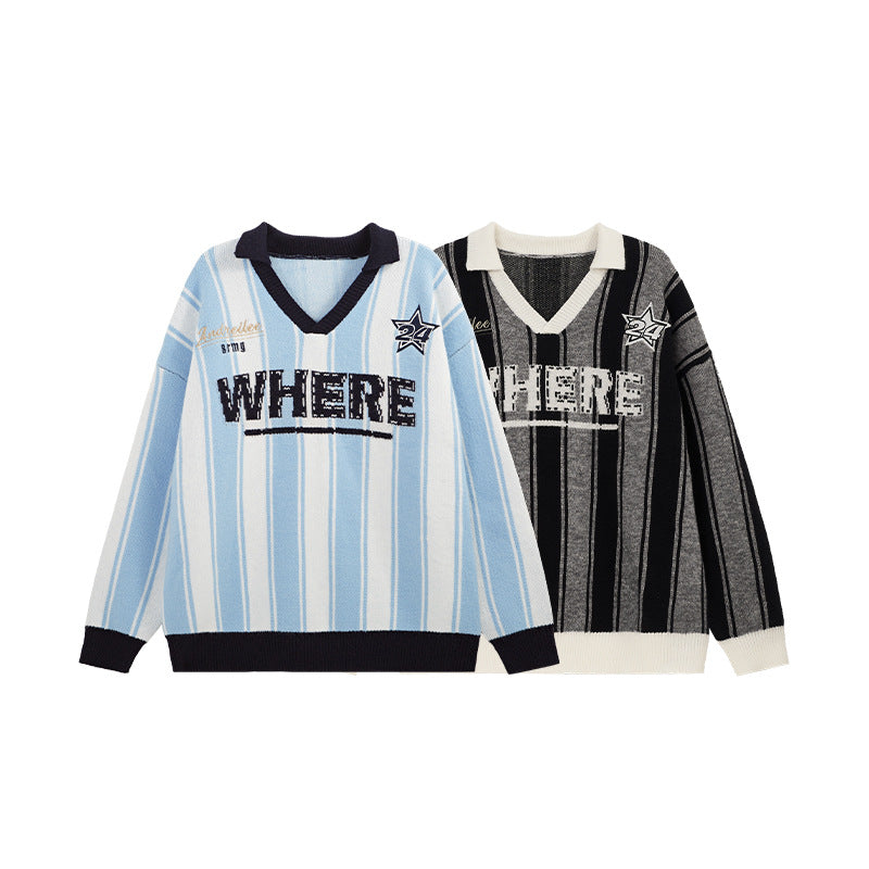 Suéter de punto holgado retro a rayas unisex