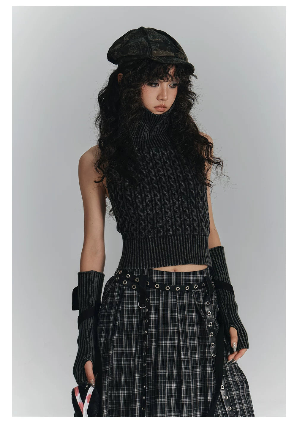 High-Neck Sleeveless Lace-Up Backless Knit Sweater & Arm Warmers