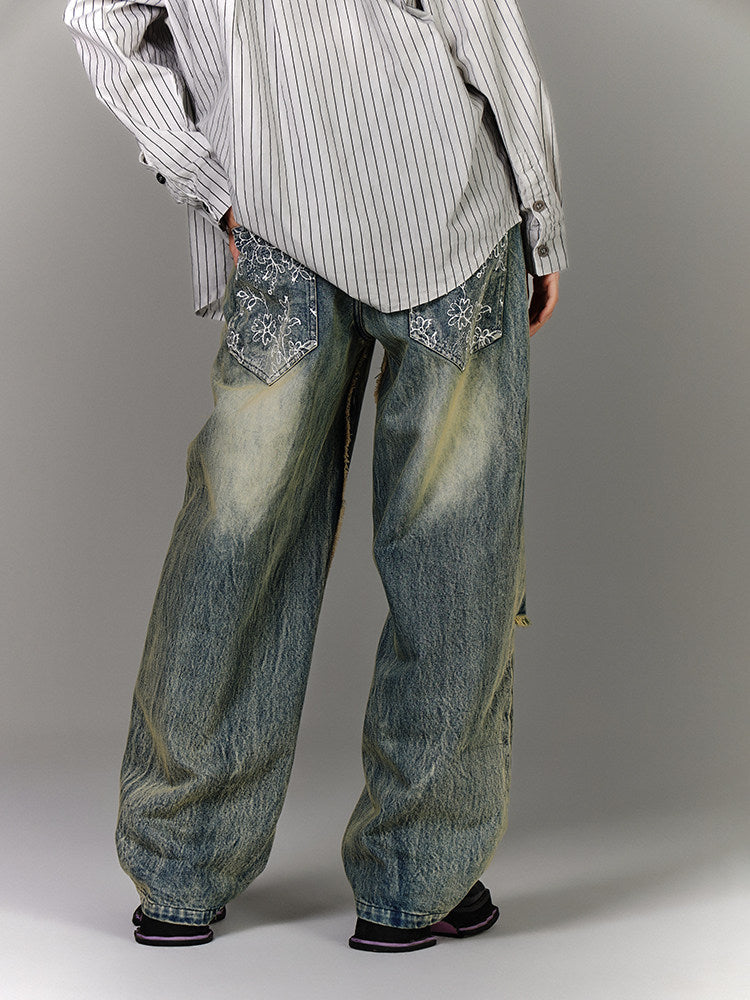 Washed Blue Damage Wide Leg Denim Jeans