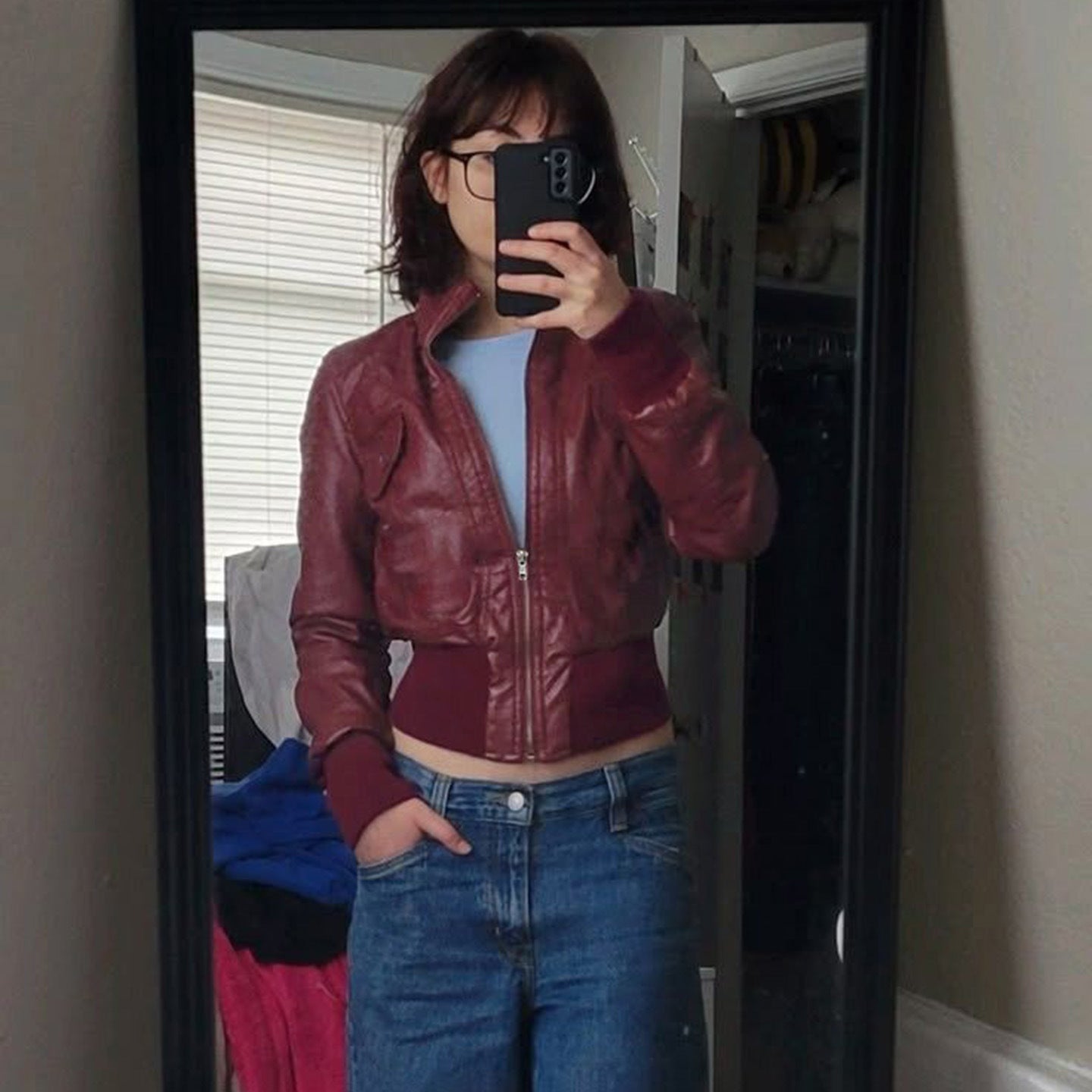 High-Neck Patchwork Leather Jacket