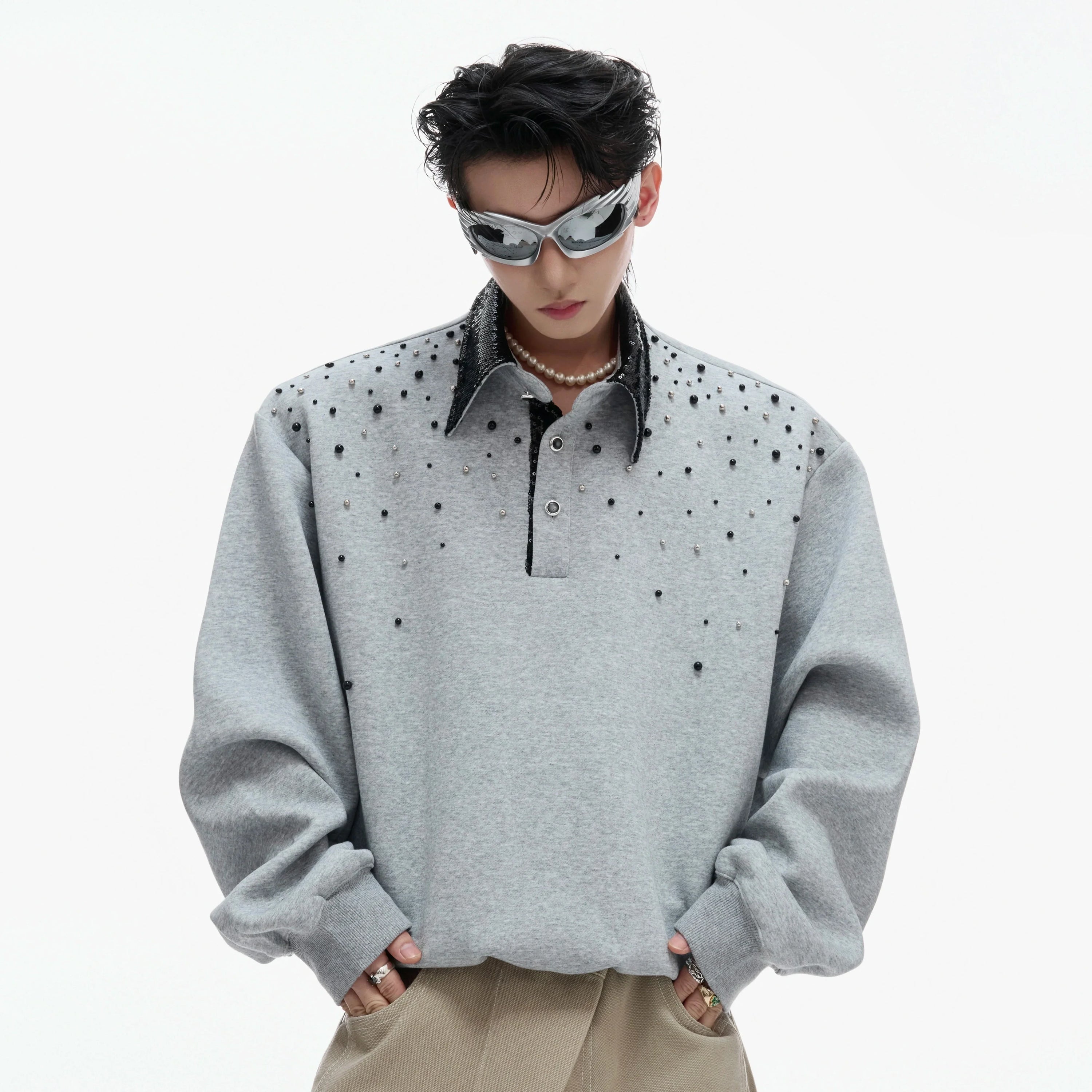 Pearl Sequin Long Sleeve Polo Shirt