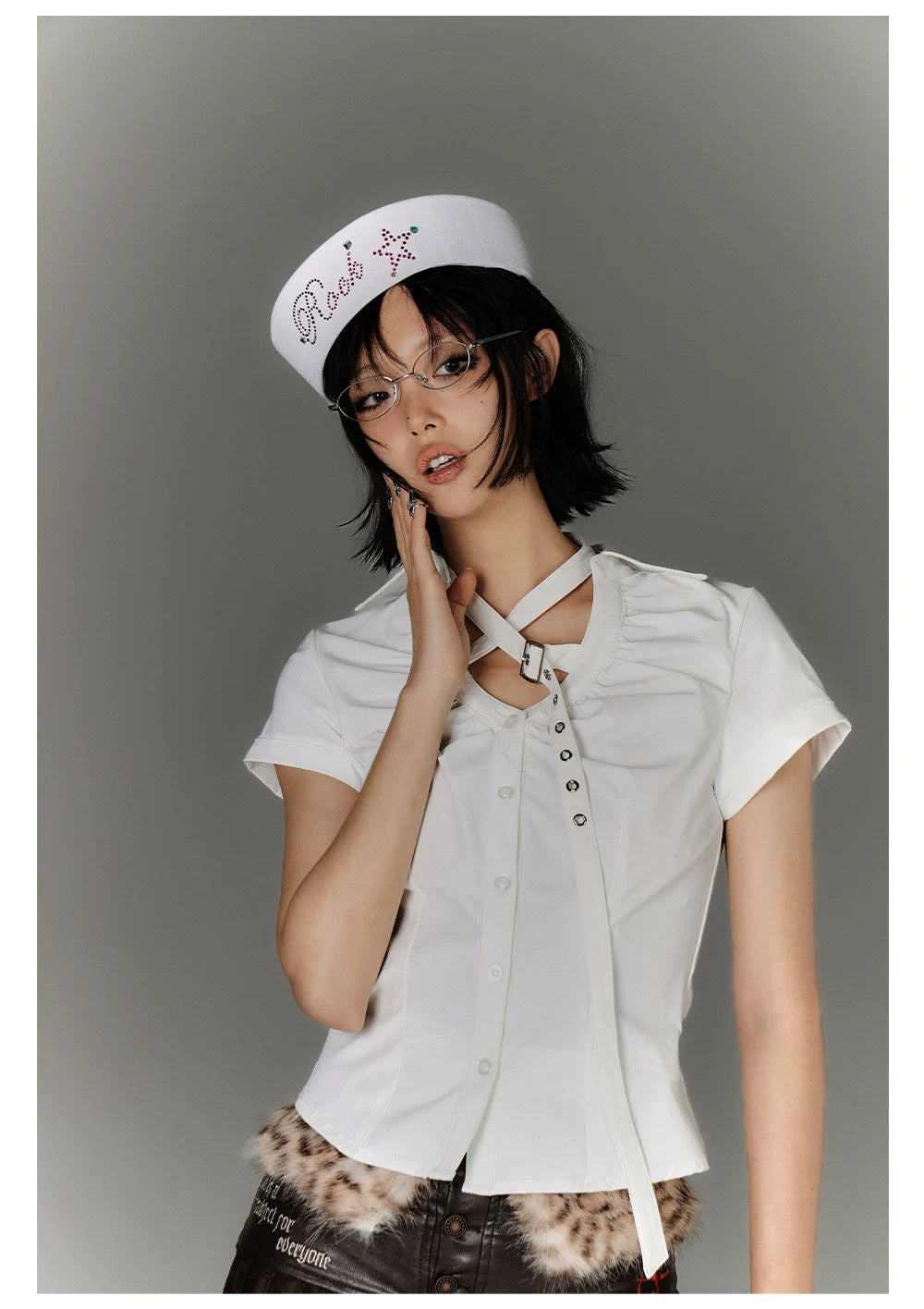 Button Strap Detail Fitted Short Sleeve Shirt