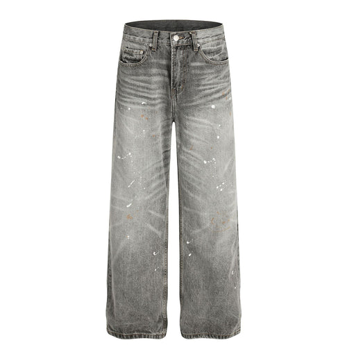 Dirty Washed Paint Wide Leg Denim Jeans - Gray / S