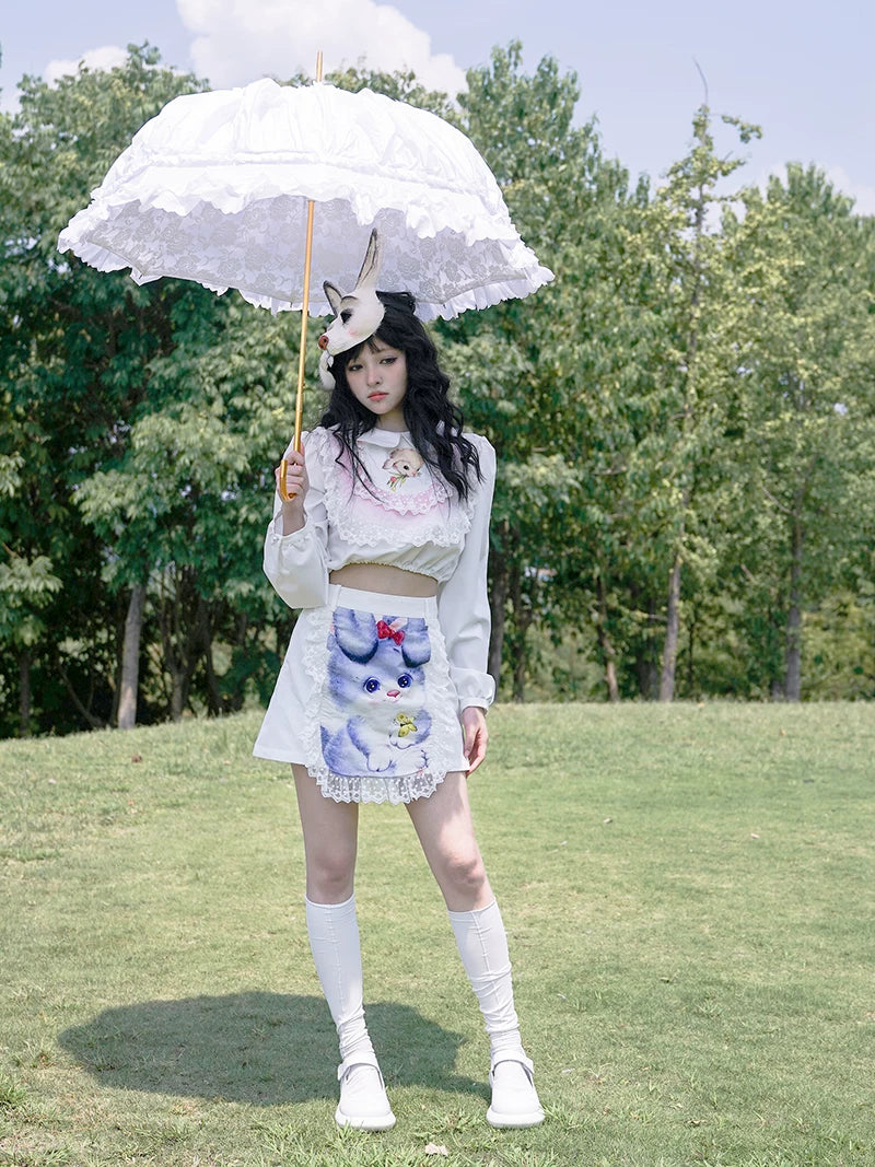 Graphic Print Lace Ruffle Skirt