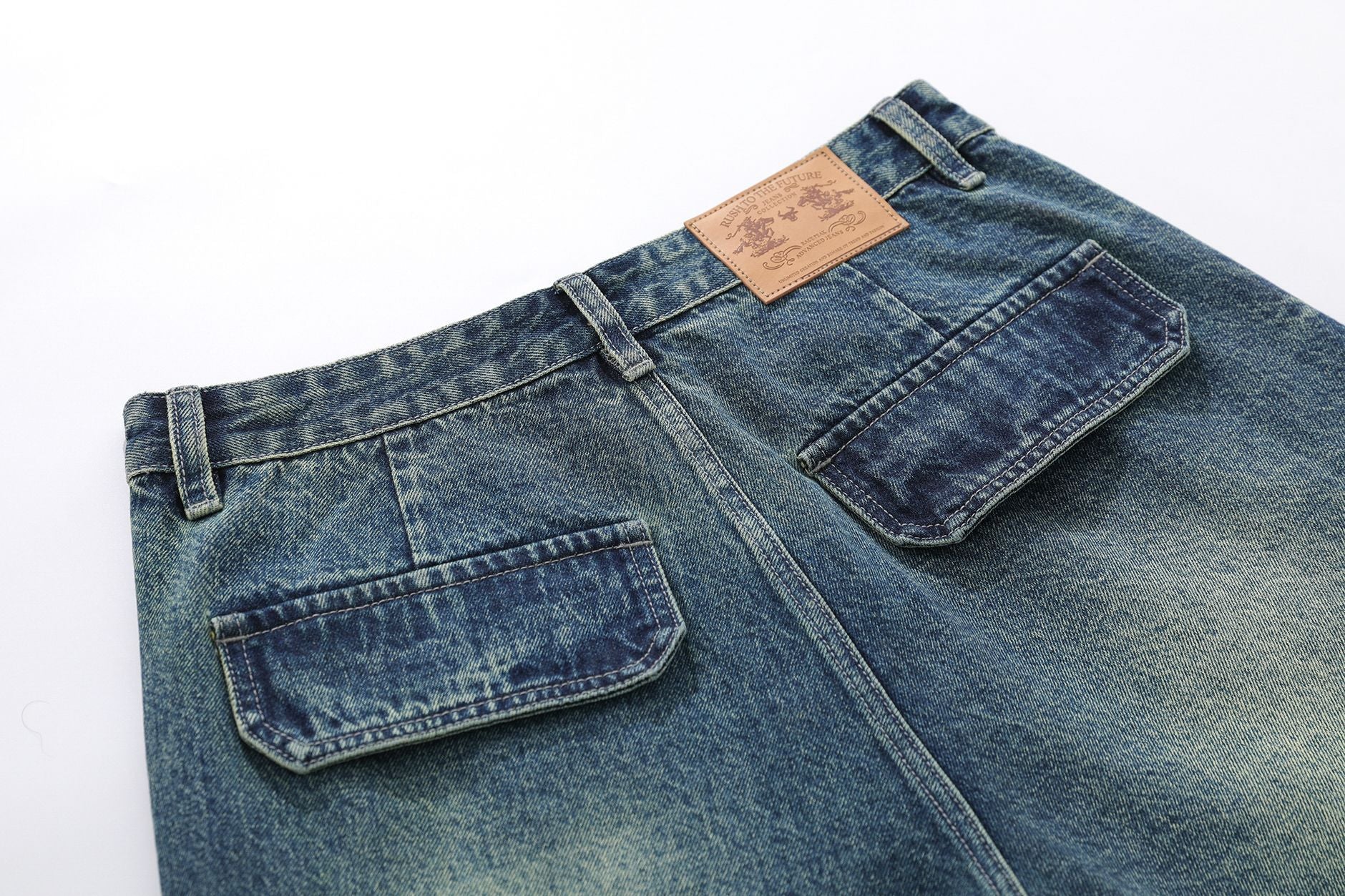 Washed Multi Pocket Letter Print Denim Jort