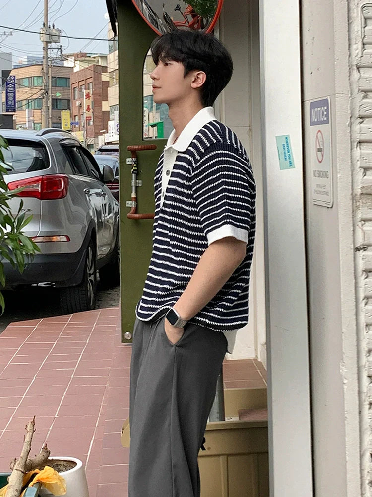 Colorblock Stripe Knit Short Sleeve Polo Shirt