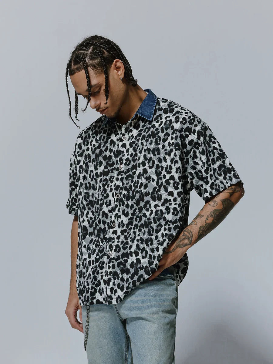 Leopard Print Spread-Collar Short Sleeve Shirt