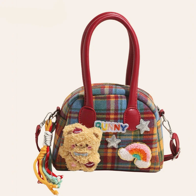 Kawaii Plaid Handbag with Plush Bear & Rainbow Patches - MADXMARX