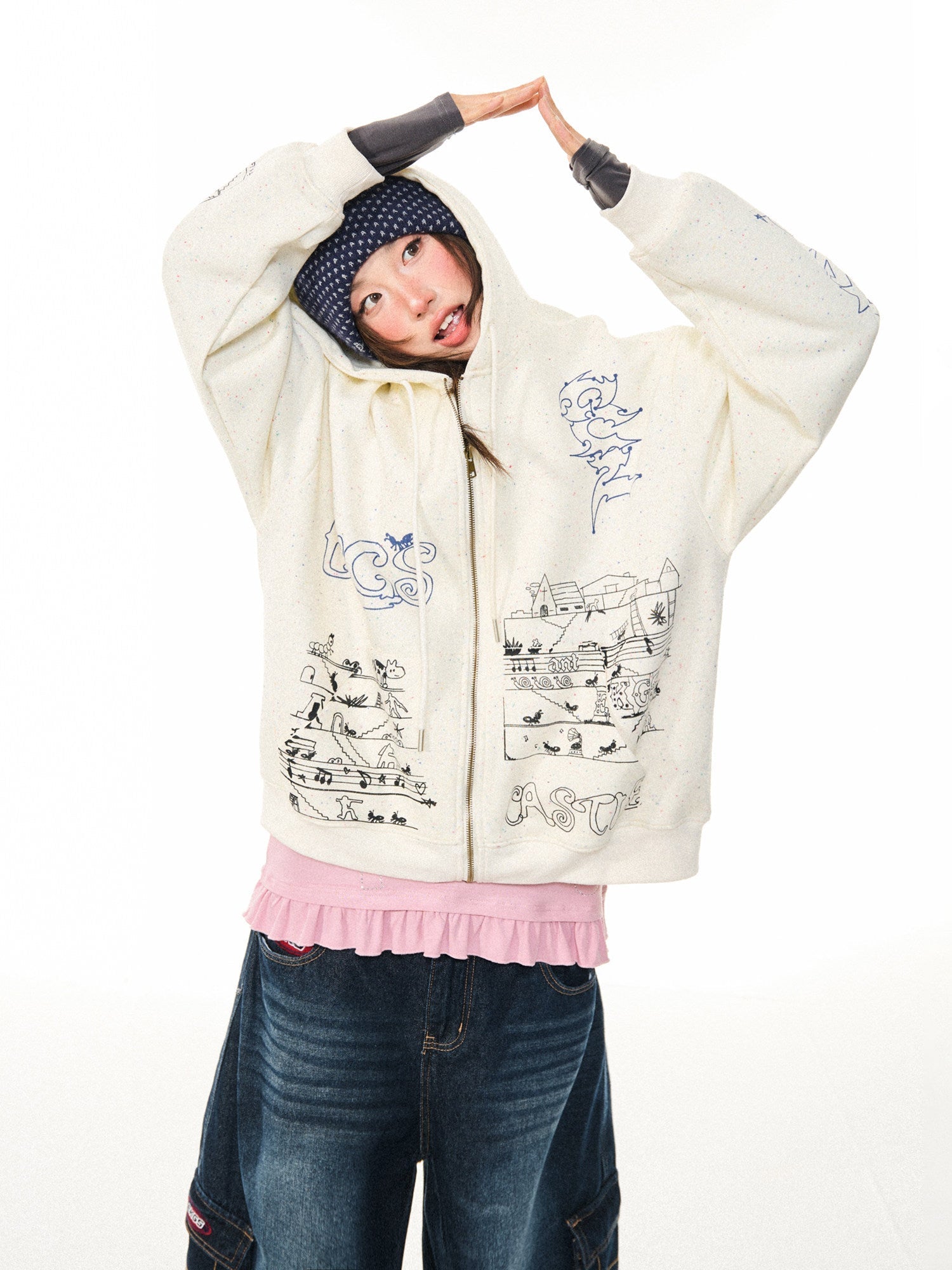 Graphic Print Oversize Zipper Hoodie