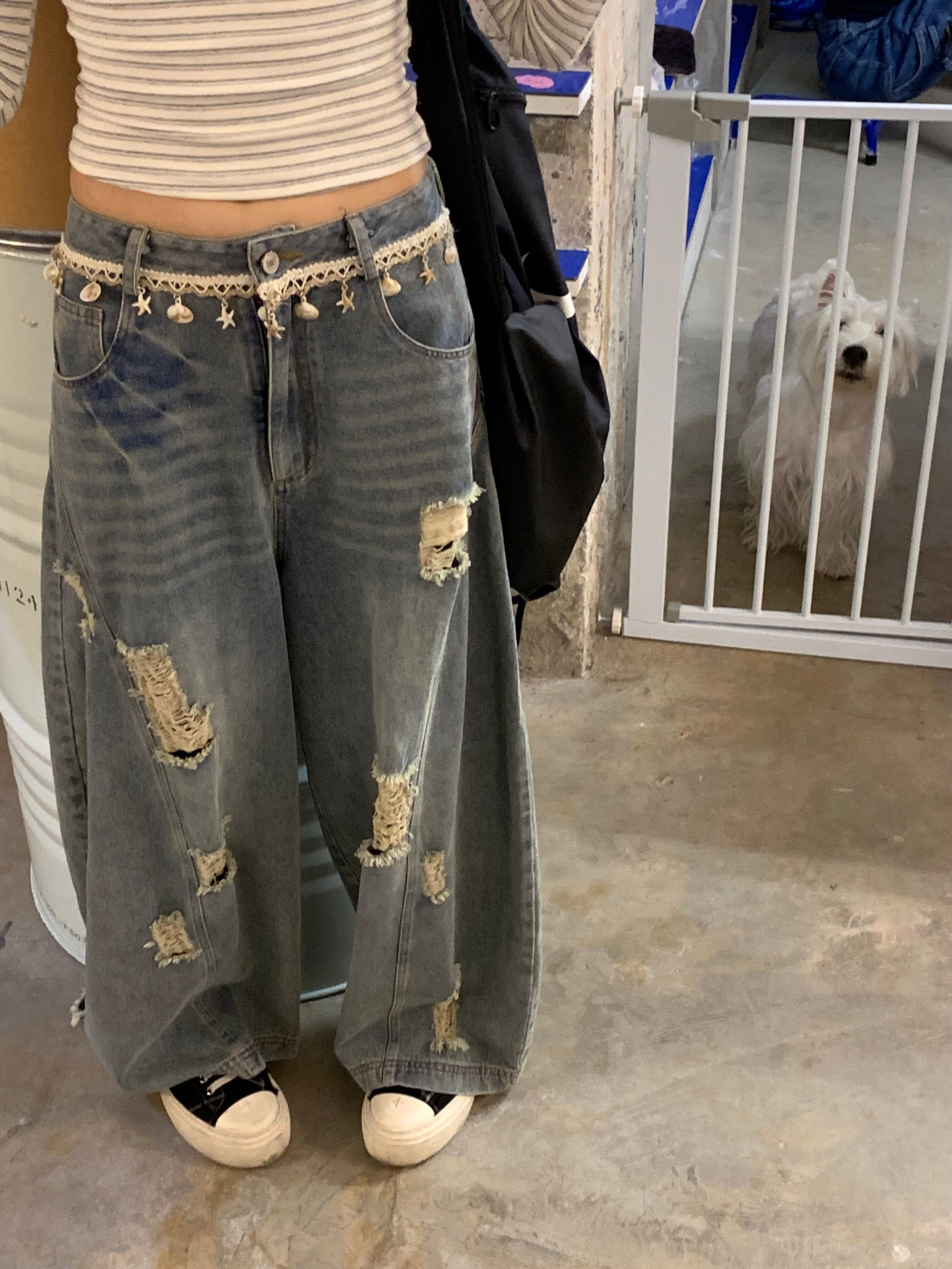 Washed Damage Wide Leg Shell Decoration Denim Jeans