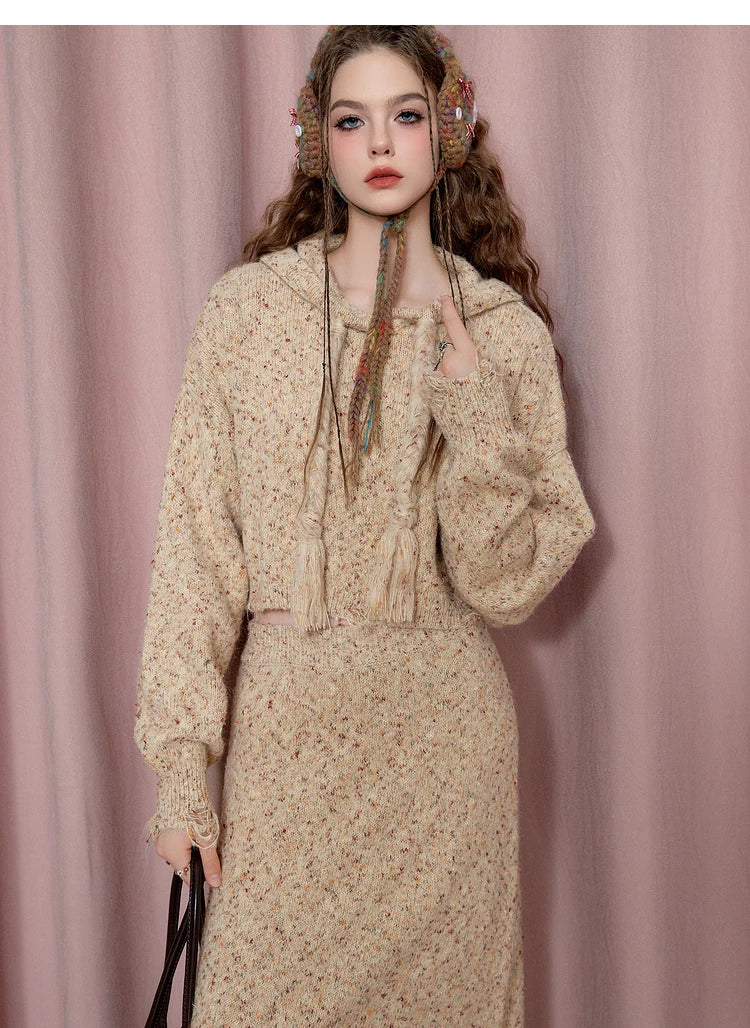 Textured Hooded Knit Sweater & Long Knit Skirt Setup