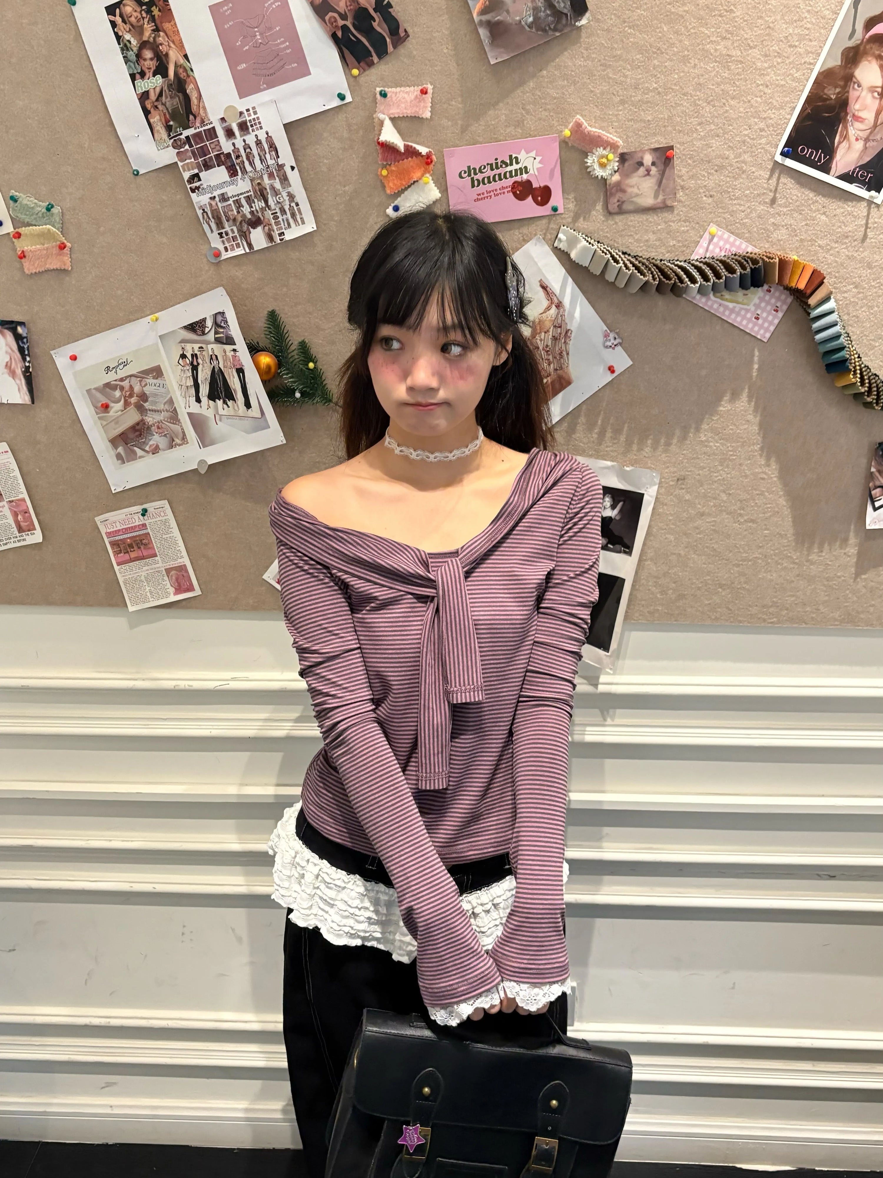 Striped Lace Trim Tie Detail Long Sleeve T-Shirt