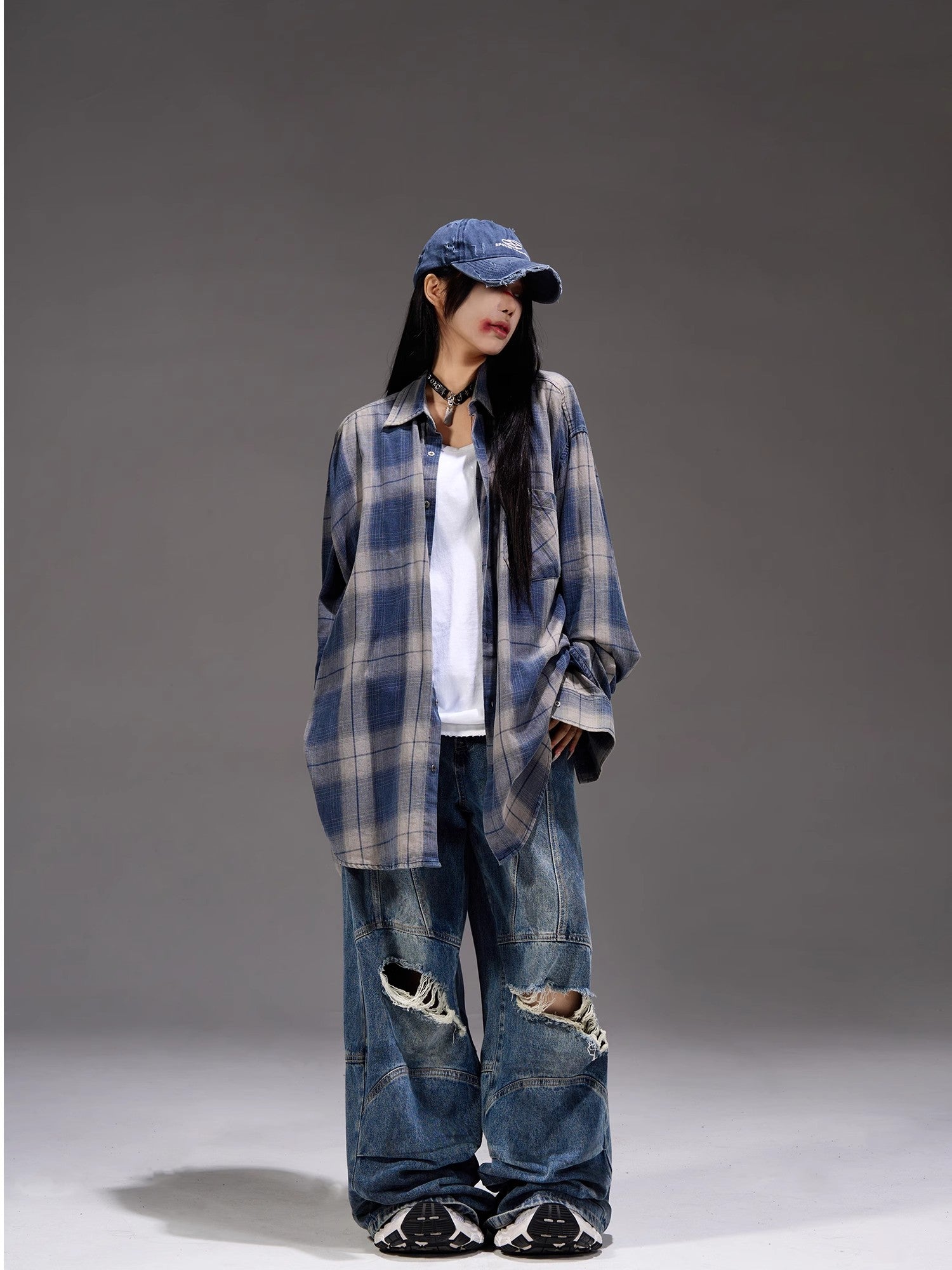 Gradient Plaid Long Sleeve Oversize Shirt