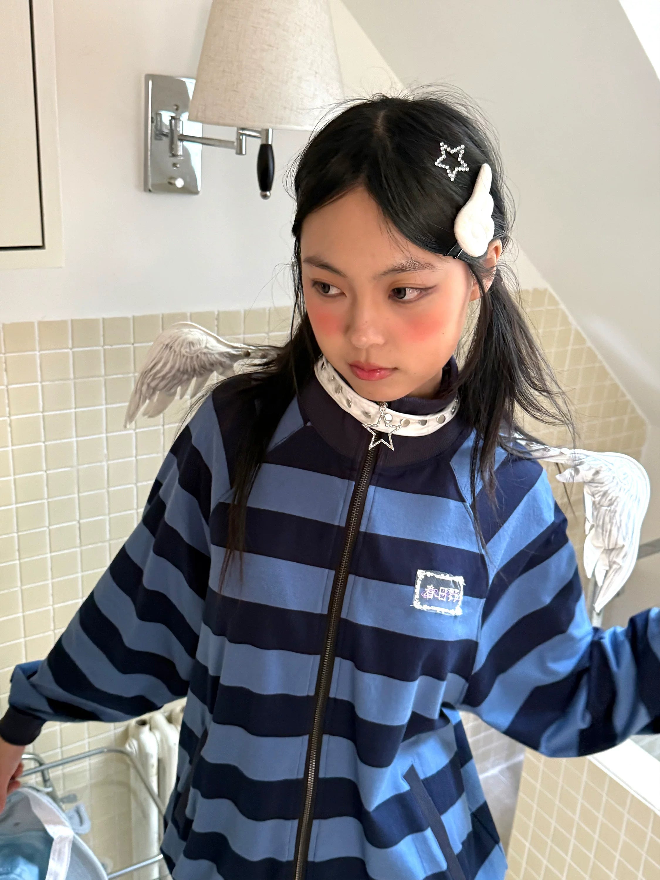 Striped Oversize Stand Collar Zipper Jacket