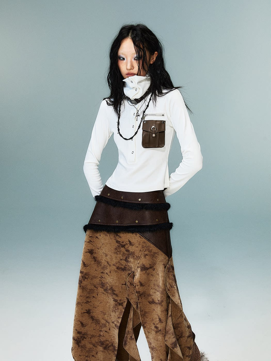 High-Neck Convertible Slim Knit Long Sleeve Shirt