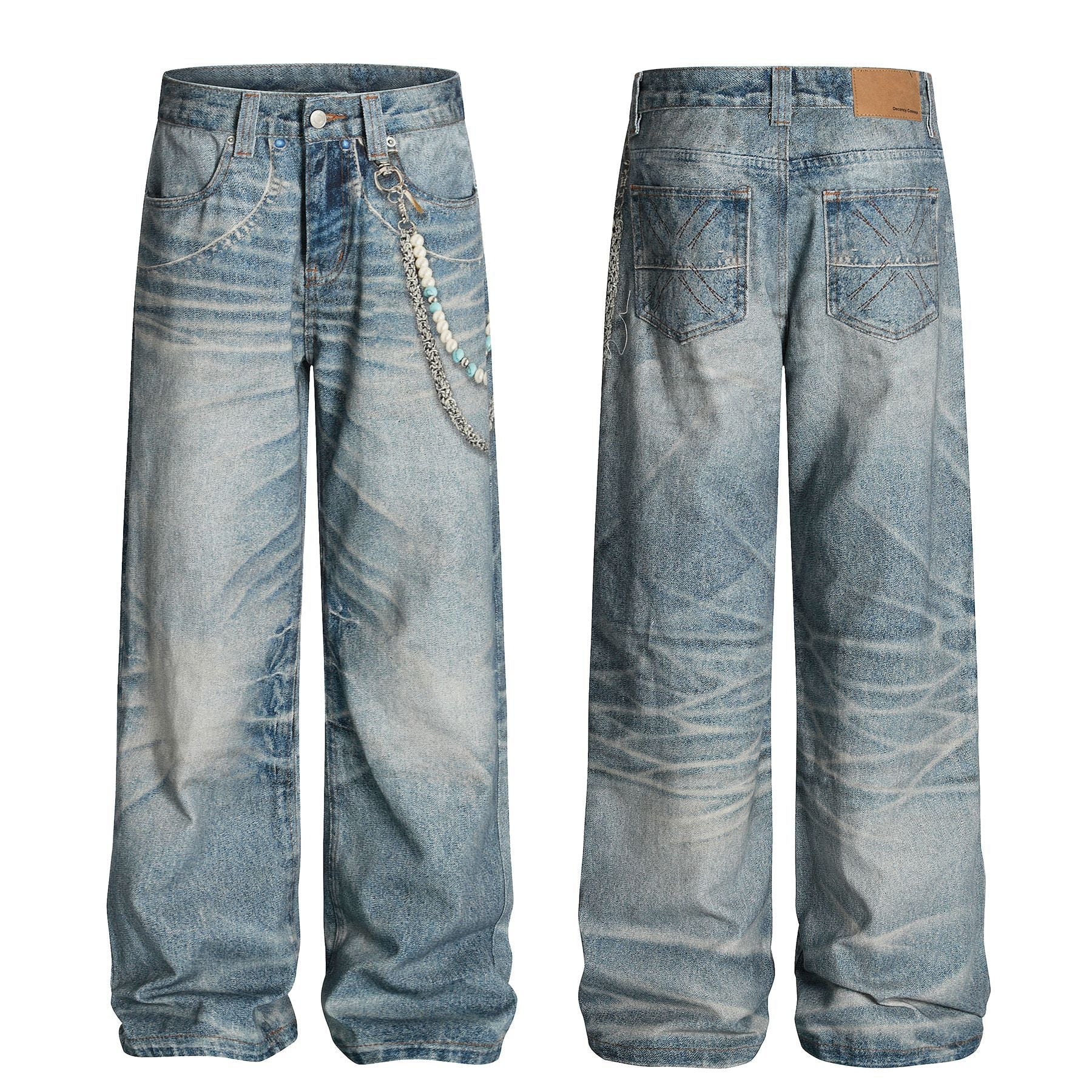 Digital Print Chain Wide Leg Denim Jeans