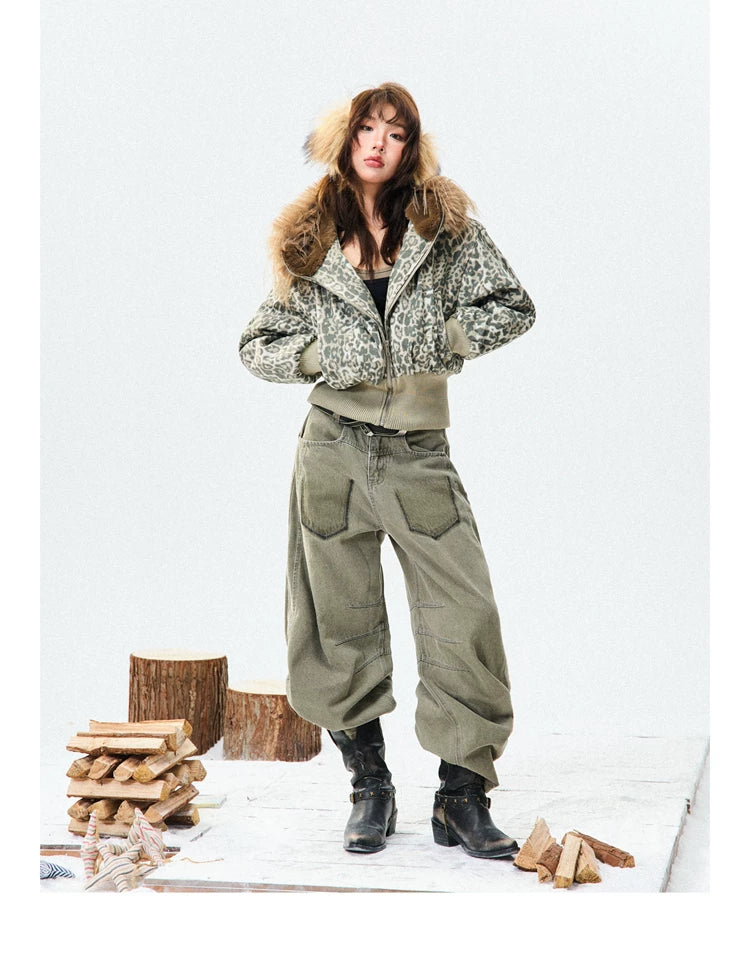 Leopard Print Fur-Trim Hood Puffer Jacket
