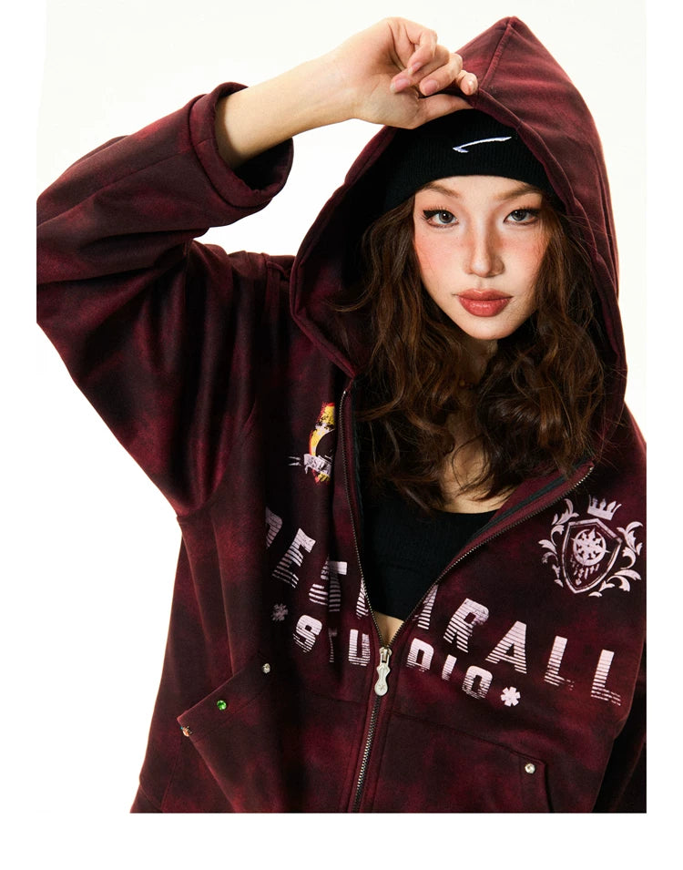 Tie-Dye Letter Print Oversize Zipper Hoodie
