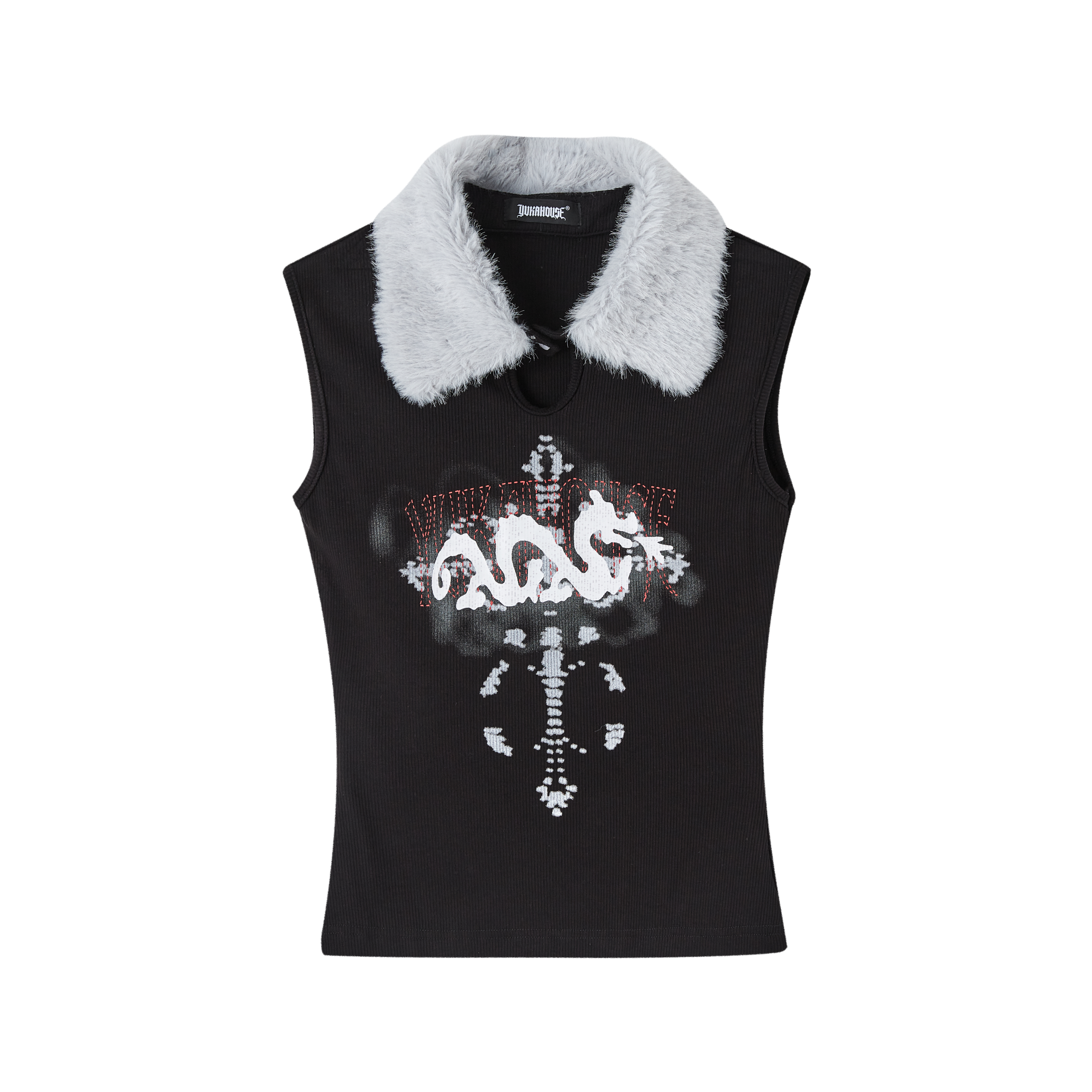 Fake Fur Collar Ribbed Graphic Print Sleeveless T-Shirt