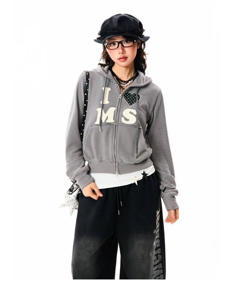 Heart Letter Print Stripe Cropped Zipper Hoodie