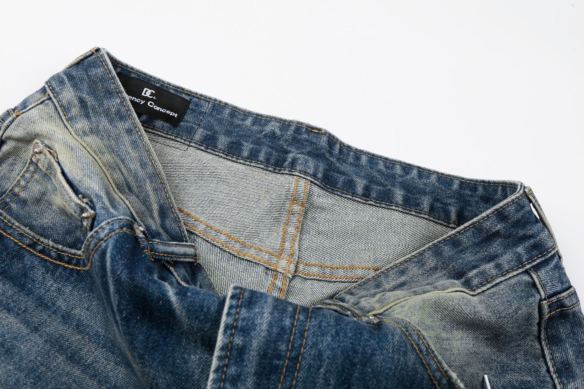 Washed Whisker Damage Wide Leg Denim Jeans