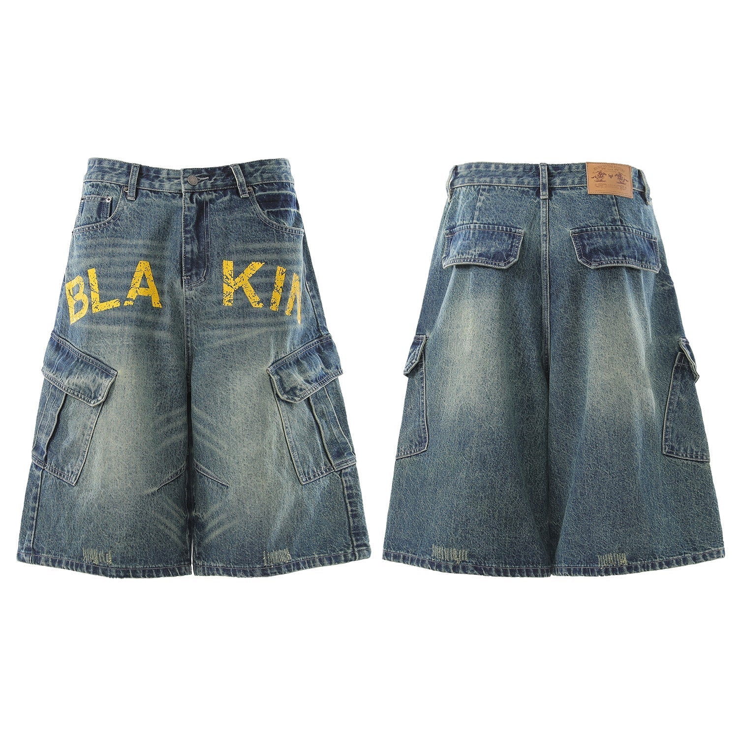 Washed Multi Pocket Letter Print Denim Jort