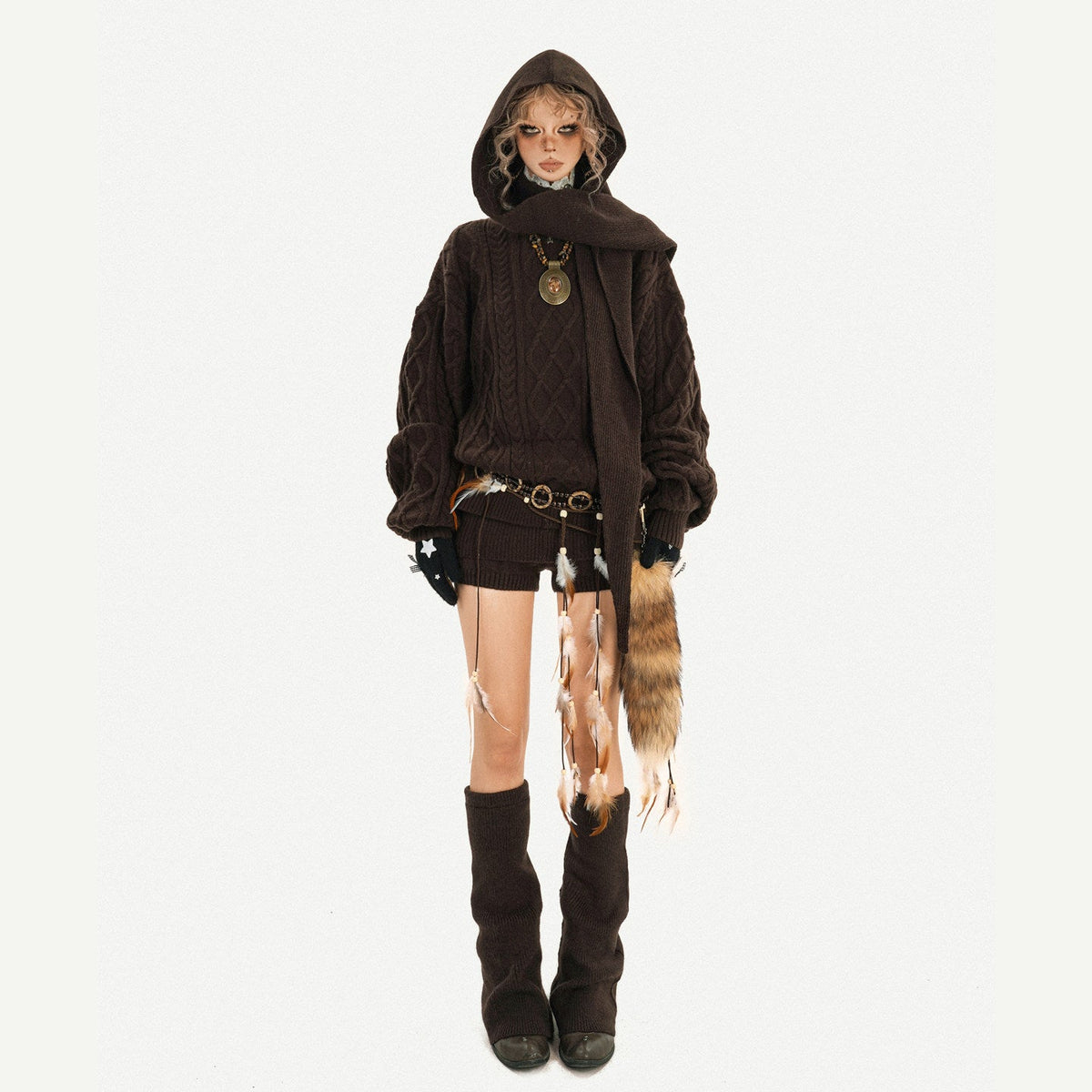 Oversize Knit Sweater & Low Waist Knit Short Pants & Shawl & Leg Warmers Setup