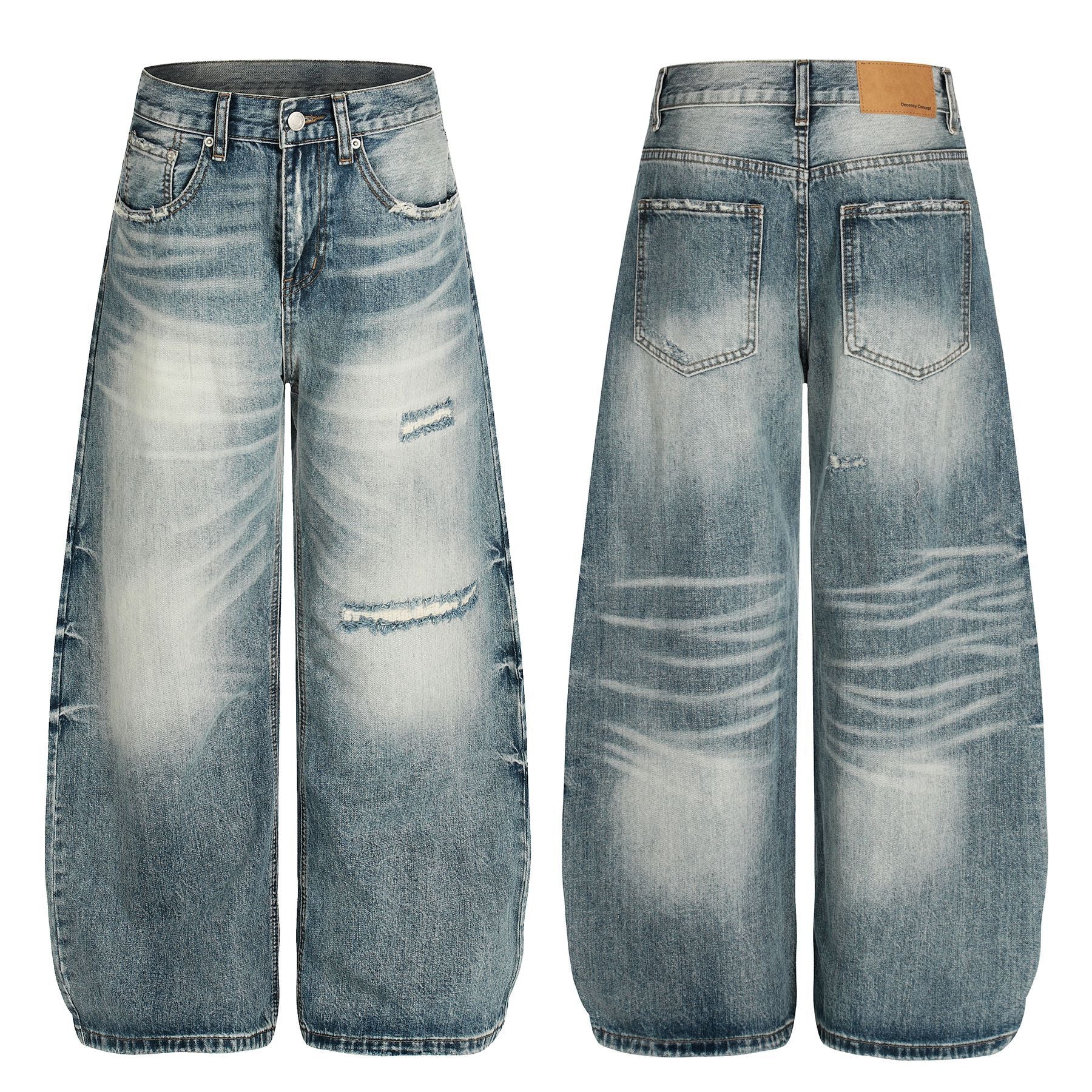 Washed Whisker Damage Curved Denim Jeans