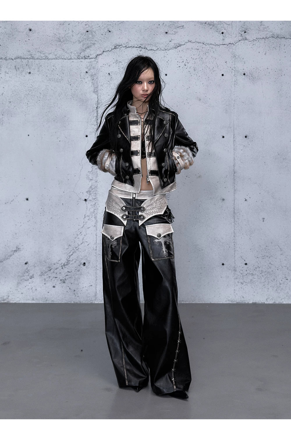 Standing-Collar Belt Detail Fake Fur Cuff PU Leather Jacket