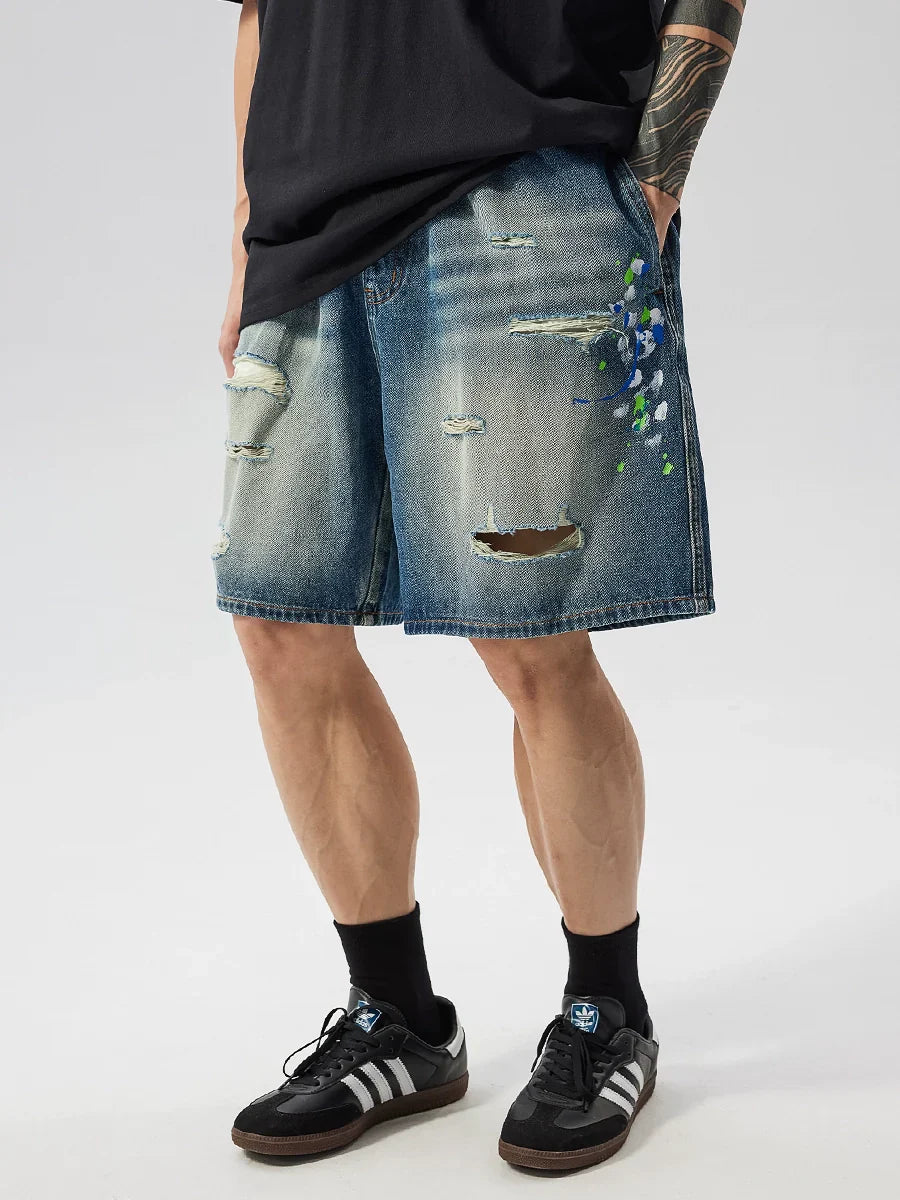 Raw Hem Damage Drawstring Washed Half Denim Jeans