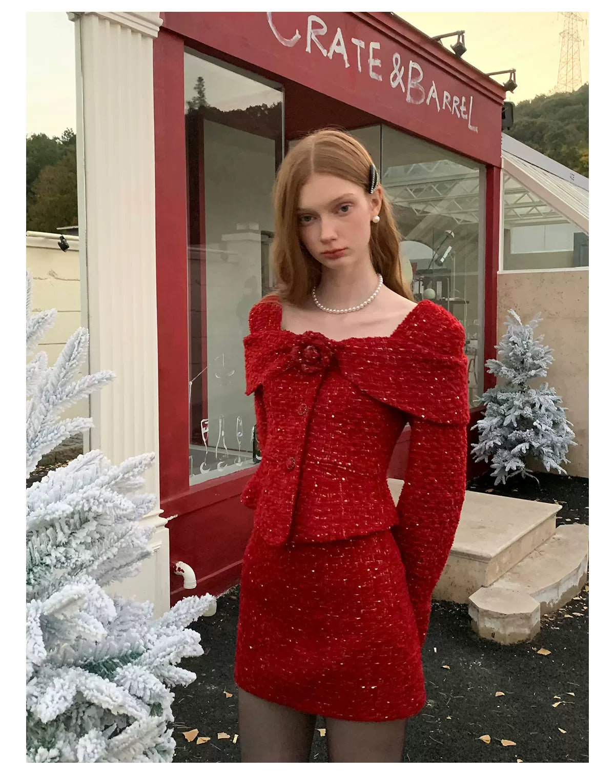 Short Tweed Jacket & Tweed Short Skirt & Tweed Fishtail Long Skirt & Fur Scarf Setup