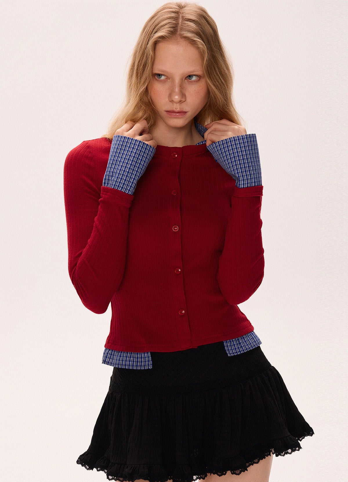 Two Tone Polo Neck Patchwork Knit Shirt