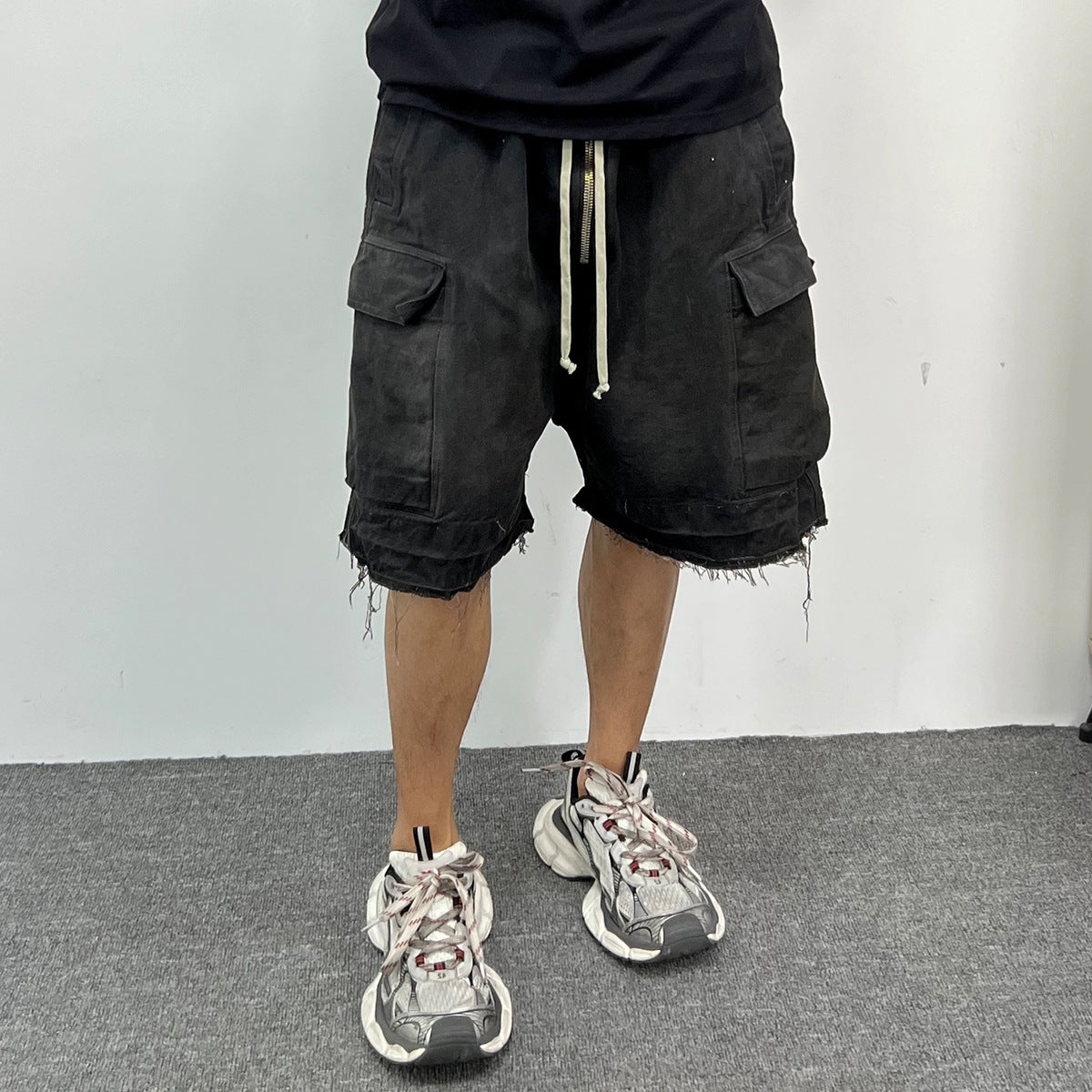Drawstring Cargo Damage Denim Jort