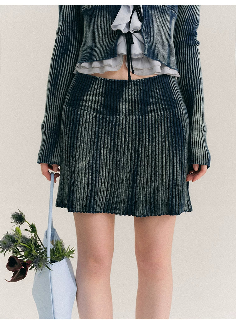 Frill Knit Cardigan & Short Rib Knit Skirt Setup