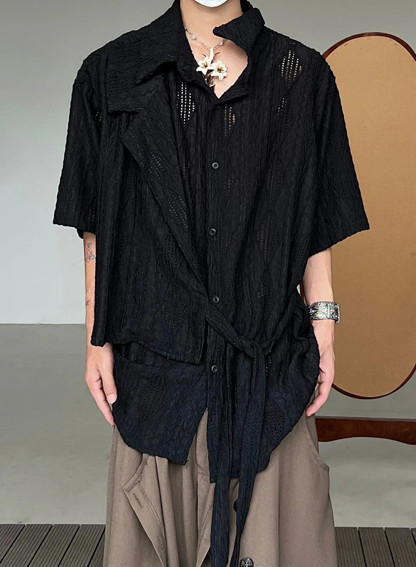 Jacquard Hollow Patchwork Texture Short Sleeve Shirt