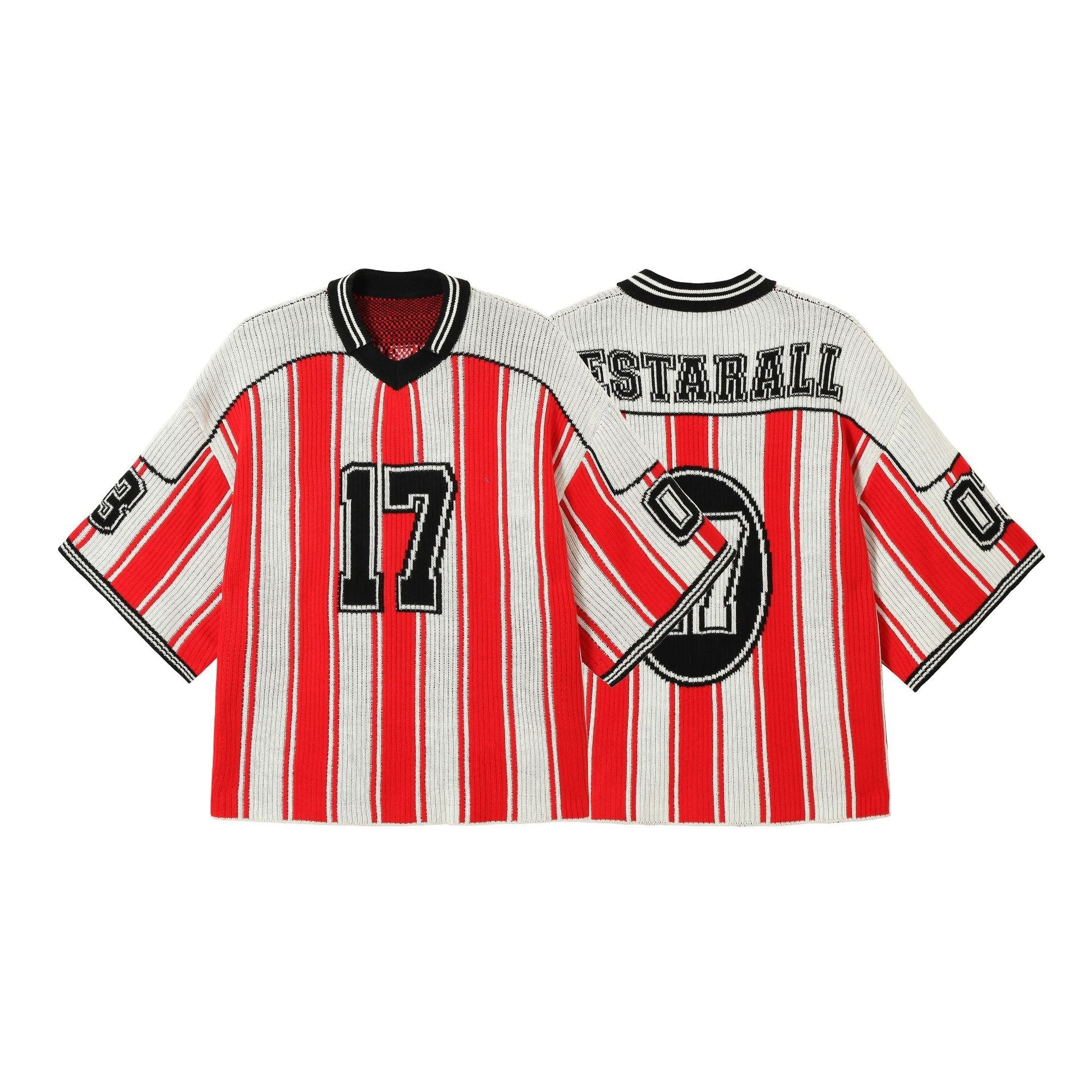 Number Stripe V-Neck Short Sleeve Knit T-shirt