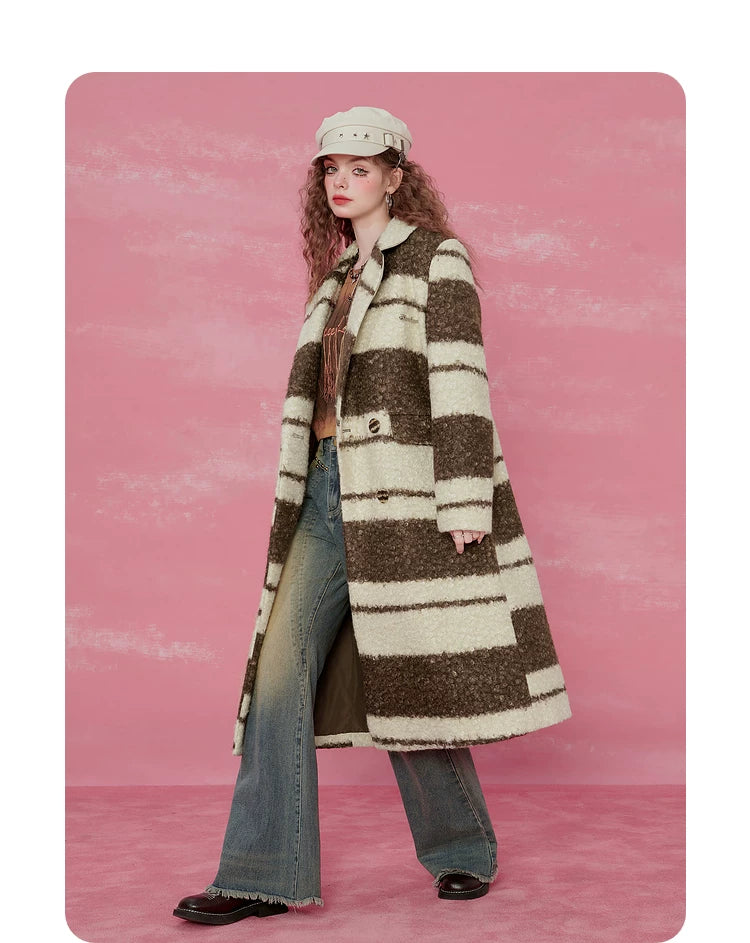 Contrast Stripe Fake Wool Mid-Length Coat