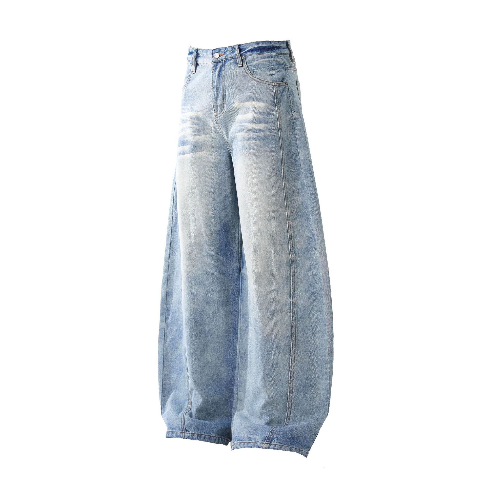Deconstruction Whisker Curved Wide Leg Denim Jeans