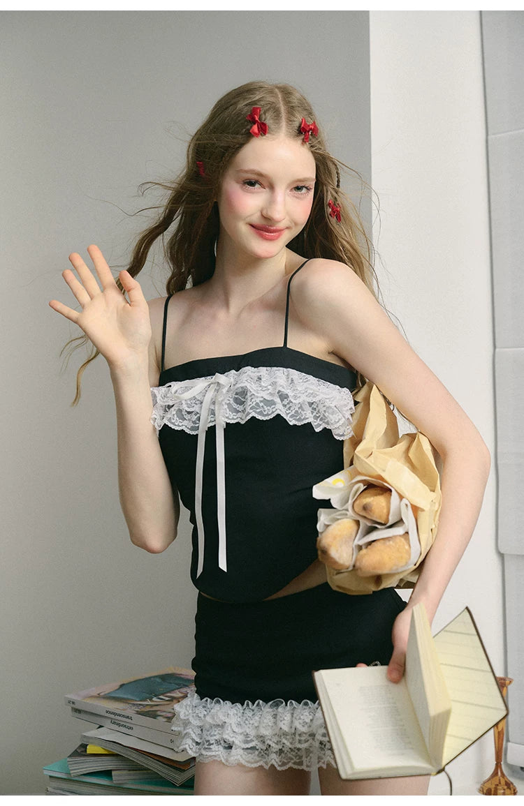 Lace Bow Camisole & Short Skirt Setup
