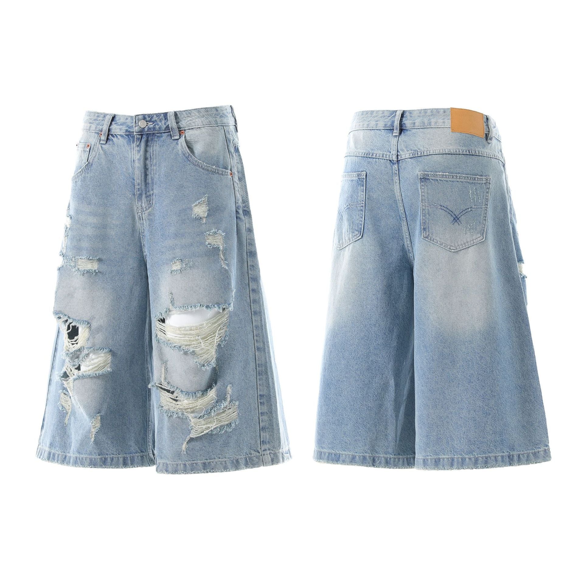 Wash Damage Straight Wide Leg Denim Jeans