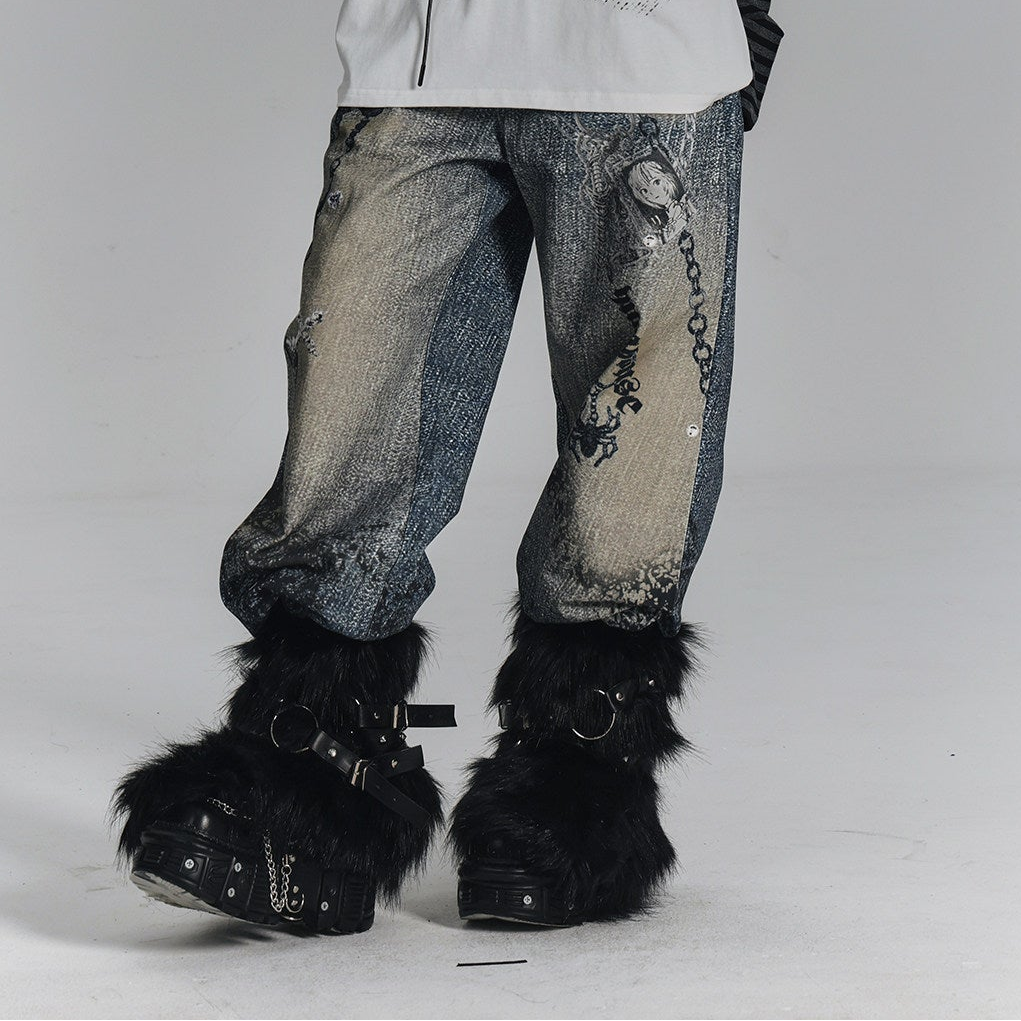 Chain Design Wide Leg Straight Denim Jeans