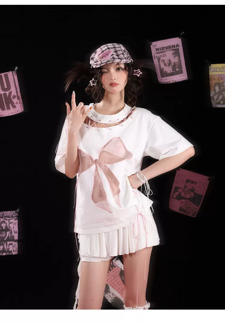 Lace Bow Hollow-Out Tie-Strap Short Sleeve T-Shirt