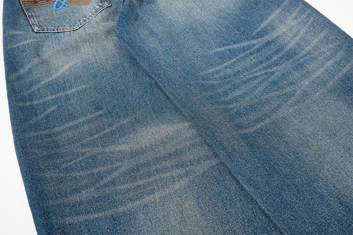 Embroidery Curved Wide Leg Denim Jeans