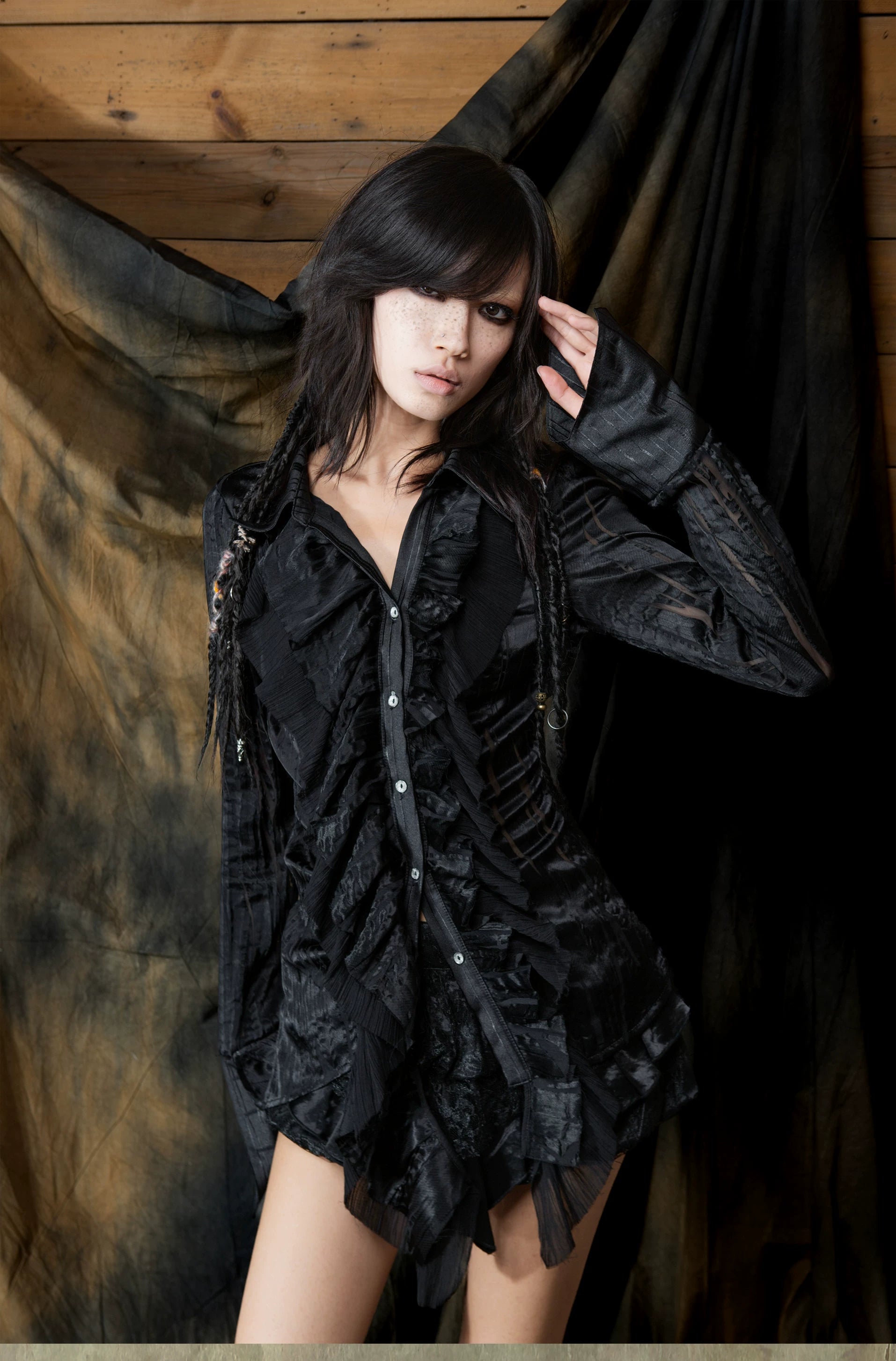 Original Punk Two-Tone Waist-Cinching Ruffle Asymmetric Shirt