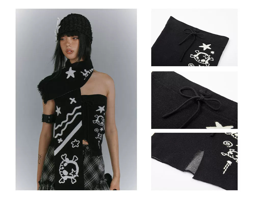 Graphic Print Off-Shoulder Top & Letter Print Scarf