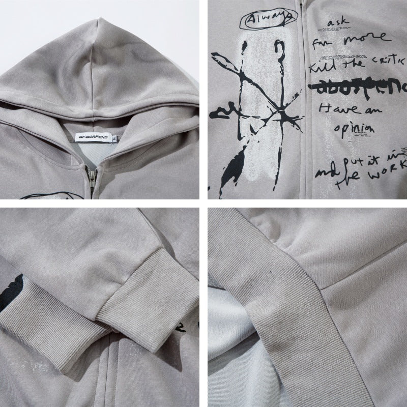 Oversize-Kapuzenpullover mit Reißverschluss im Used-Look mit Sprühfarbenmuster.