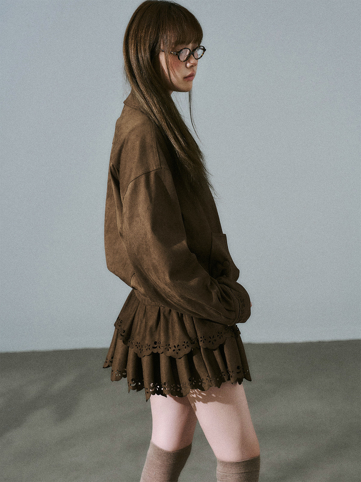 Suede Zipper Jacket & Scalloped Skirt Setup