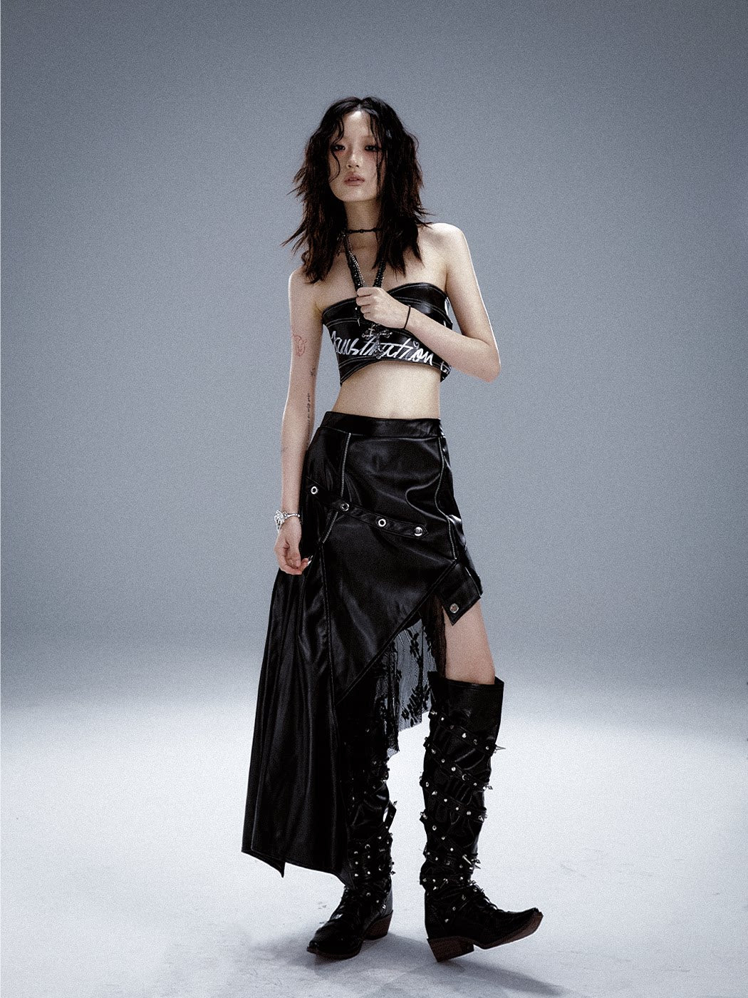 Asymmetric PU Leather Mesh Patchwork Skirt