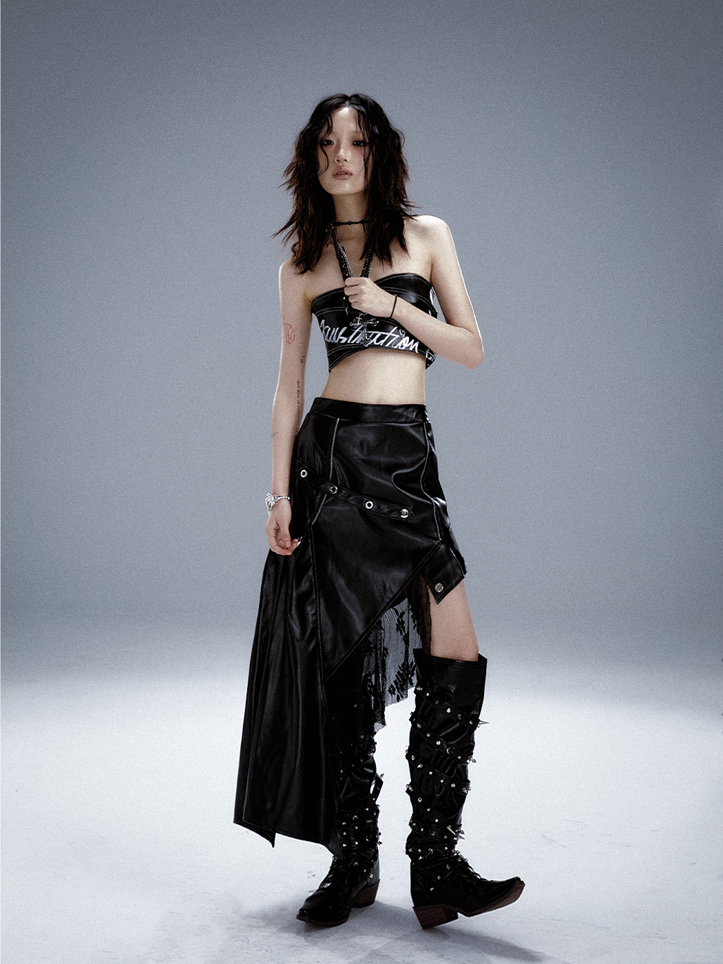 Asymmetric PU Leather Mesh Patchwork Skirt
