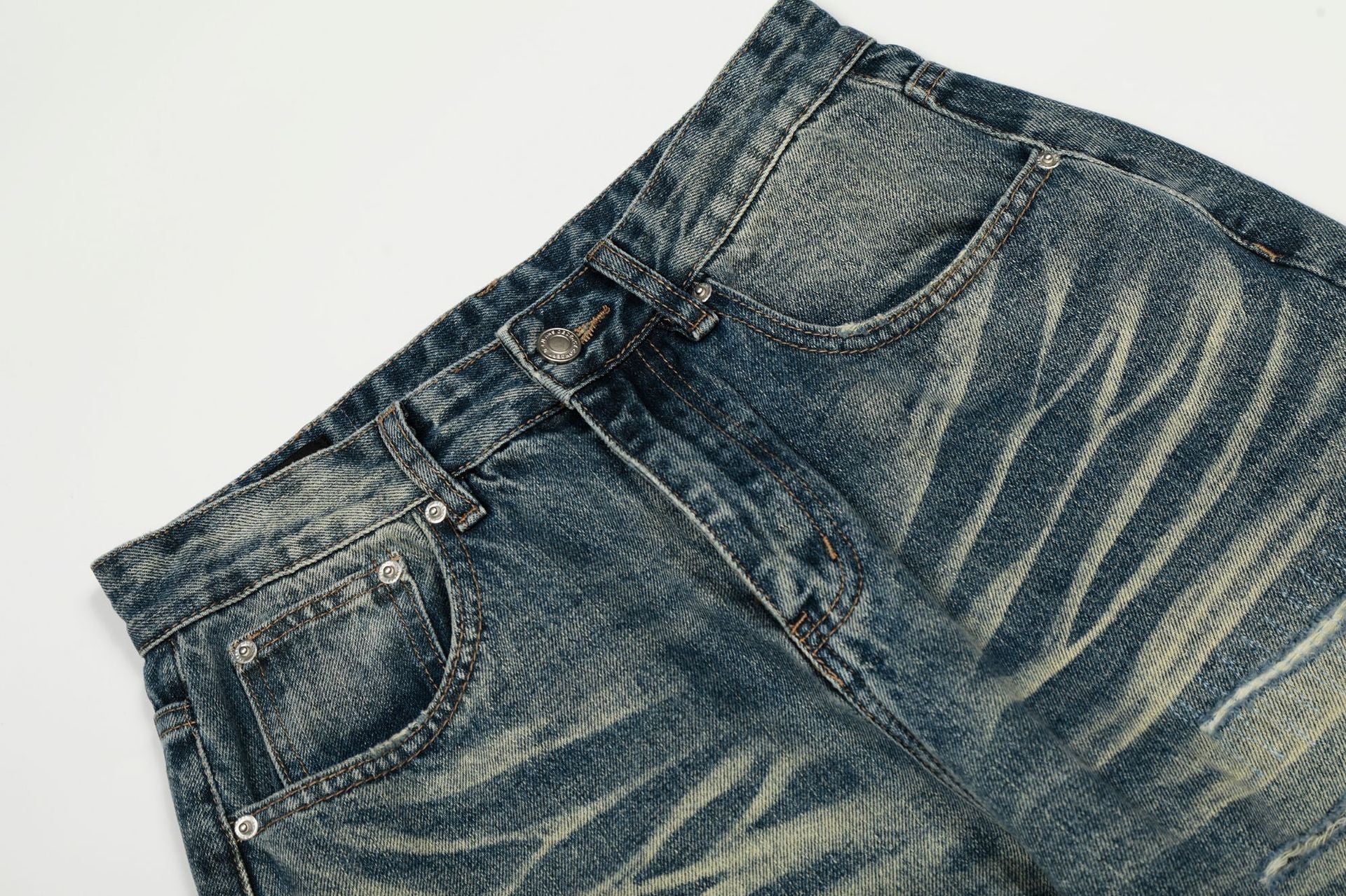 Whisker Damage Wide Leg Denim Jeans